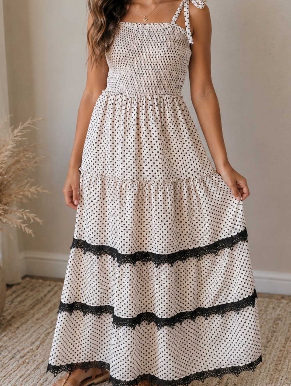 Vintage Maxi Dress Polka Dot Layered Lace